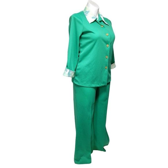 Vintage 70s Sears Fashions Womens L/XL Green Polyester Pant Leisure Suit 2pc Set - Picture 5 of 12